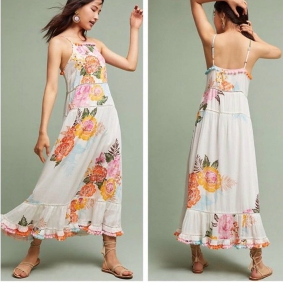 Anthropologie, Farm Rio maxi dress Havana floral, Pom-pom trim 100% cotton. Sz M - Picture 2 of 14